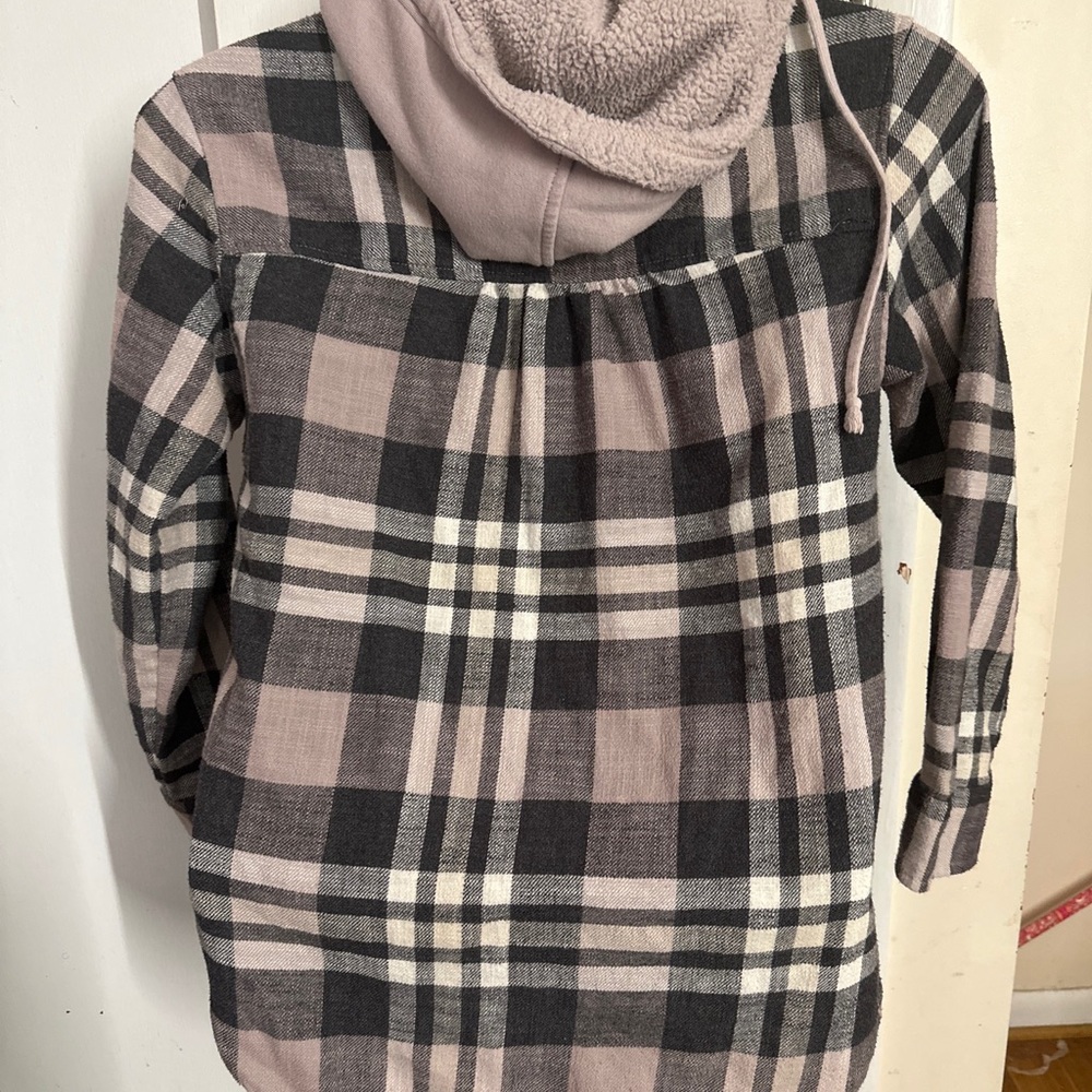 AE American Eagle Plaid Hooded Flannel Small Sherpa Lined Pink  Grey Womens - Picture 8 of 10